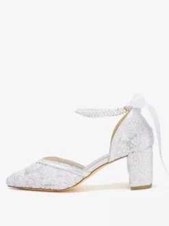 Lace Wedding Shoes Pointed Toe Pearls Chunky Heel Ankle Strap Bridal Shoes