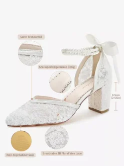 Lace Wedding Shoes Pointed Toe Pearls Chunky Heel Ankle Strap Bridal Shoes