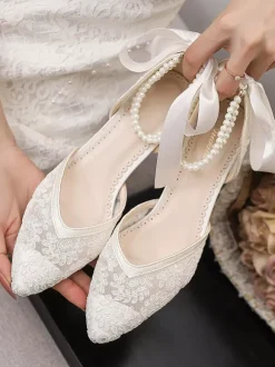 Lace Wedding Shoes Pointed Toe Pearls Chunky Heel Ankle Strap Bridal Shoes