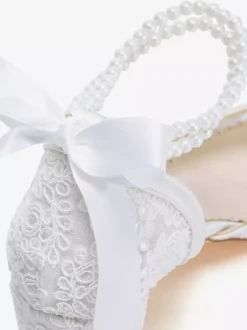 Lace Wedding Shoes Pointed Toe Pearls Chunky Heel Ankle Strap Bridal Shoes