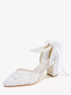 Lace Wedding Shoes Pointed Toe Pearls Chunky Heel Ankle Strap Bridal Shoes