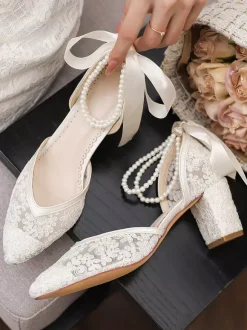 Lace Wedding Shoes Pointed Toe Pearls Chunky Heel Ankle Strap Bridal Shoes