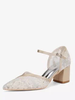 Lace Wedding Shoes Pointed Toe Chunky Heel Wedding Guest Shoes
