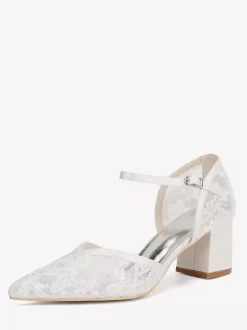 Lace Wedding Shoes Pointed Toe Chunky Heel Wedding Guest Shoes