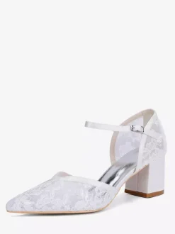 Lace Wedding Shoes Pointed Toe Chunky Heel Wedding Guest Shoes