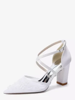 Lace Wedding Shoes Women's Pointed Toe Criss Cross Block Heel Bridal Shoes