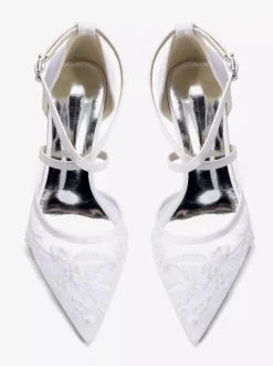Lace Wedding Shoes Women's Pointed Toe Criss Cross Block Heel Bridal Shoes