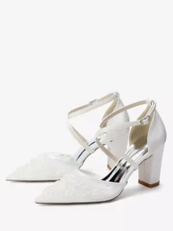 Lace Wedding Shoes Women's Pointed Toe Criss Cross Block Heel Bridal Shoes