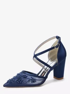 Lace Wedding Shoes Women's Pointed Toe Criss Cross Block Heel Bridal Shoes