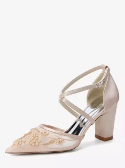 Lace Wedding Shoes Women's Pointed Toe Criss Cross Block Heel Bridal Shoes