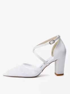 Lace Wedding Shoes Women's Pointed Toe Criss Cross Block Heel Bridal Shoes