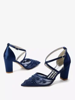 Lace Wedding Shoes Women's Pointed Toe Criss Cross Block Heel Bridal Shoes