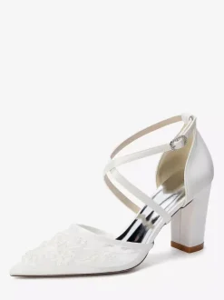 Lace Wedding Shoes Women's Pointed Toe Criss Cross Block Heel Bridal Shoes