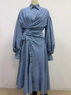 Lantern Sleeve Denim Maxi Dress For Women - Light Wash Western Style Cross-Wrap Waist Shirt Dress- Spring Daily Casual 2026