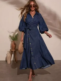 Lantern Sleeve Denim Maxi Dress For Women - Light Wash Western Style Cross-Wrap Waist Shirt Dress- Spring Daily Casual 2026