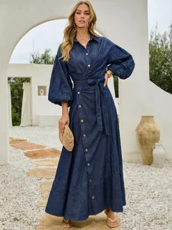 Lantern Sleeve Denim Maxi Dress For Women - Light Wash Western Style Cross-Wrap Waist Shirt Dress- Spring Daily Casual 2026