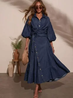 Lantern Sleeve Denim Maxi Dress For Women - Light Wash Western Style Cross-Wrap Waist Shirt Dress- Spring Daily Casual 2026