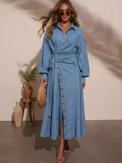 Lantern Sleeve Denim Maxi Dress For Women - Light Wash Western Style Cross-Wrap Waist Shirt Dress- Spring Daily Casual 2026