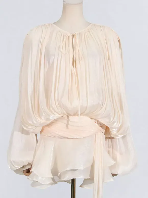 Lantern Sleeve Mini Dress For Women - Pleated Tie Waist Fit Flare - Spring Party Cocktail Outfit 2026