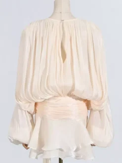 Lantern Sleeve Mini Dress For Women - Pleated Tie Waist Fit Flare - Spring Party Cocktail Outfit 2026