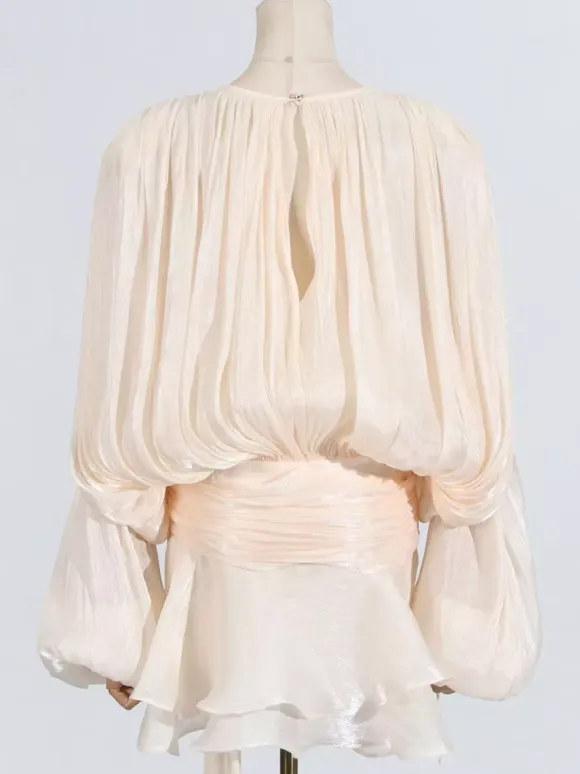 Lantern Sleeve Mini Dress For Women - Pleated Tie Waist Fit Flare - Spring Party Cocktail Outfit 2026