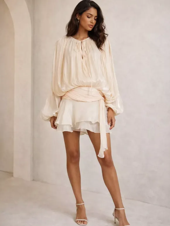 Lantern Sleeve Mini Dress For Women - Pleated Tie Waist Fit Flare - Spring Party Cocktail Outfit 2026