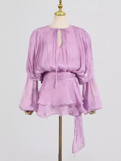 Lantern Sleeve Mini Dress For Women - Pleated Tie Waist Fit Flare - Spring Party Cocktail Outfit 2026