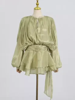 Lantern Sleeve Mini Dress For Women - Pleated Tie Waist Fit Flare - Spring Party Cocktail Outfit 2026