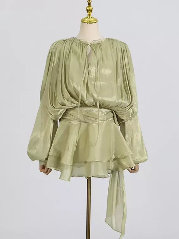 Lantern Sleeve Mini Dress For Women - Pleated Tie Waist Fit Flare - Spring Party Cocktail Outfit 2026
