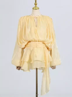 Lantern Sleeve Mini Dress For Women - Pleated Tie Waist Fit Flare - Spring Party Cocktail Outfit 2026