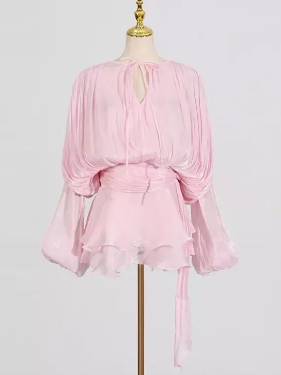 Lantern Sleeve Mini Dress For Women - Pleated Tie Waist Fit Flare - Spring Party Cocktail Outfit 2026