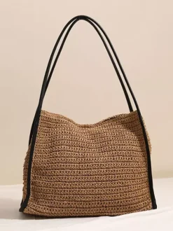 Large Capacity Straw Tote Bag Magnetic Snap Summer Beach Woven Shoulder Bag Casual Vacation Handbag