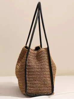 Large Capacity Straw Tote Bag Magnetic Snap Summer Beach Woven Shoulder Bag Casual Vacation Handbag