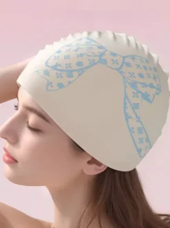 Large Size Bow Print Stretch Waterproof Silicone Swimming Cap For Long Hair Women