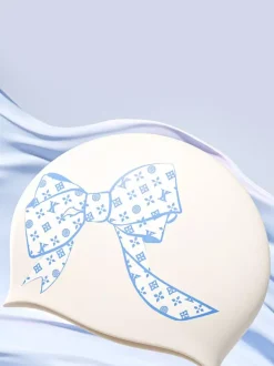 Large Size Bow Print Stretch Waterproof Silicone Swimming Cap For Long Hair Women