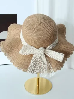 Large Brim Straw Hat With Lace Bow Knot Summer Breathable Sun Protection Beach Hat 2026
