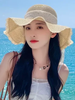 Large Brim Straw Hat With Lace Bow Knot Summer Breathable Sun Protection Beach Hat 2026