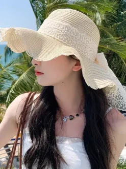 Large Brim Straw Hat With Lace Bow Knot Summer Breathable Sun Protection Beach Hat 2026