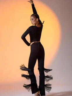 Latin Dance Costume Black Women's Polyester Pants Layered Elegant Fringe Latin Dancer Dancing Costume