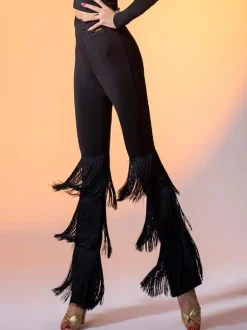Latin Dance Costume Black Women's Polyester Pants Layered Elegant Fringe Latin Dancer Dancing Costume