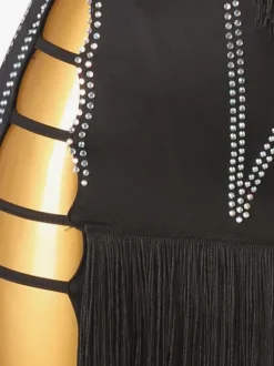 Latin Dance Costume Black Women's Rhinestones Fringe Backless Sexy Lycra Spandex Dress Dancing Costume