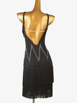 Latin Dance Costume Black Women's Rhinestones Fringe Backless Sexy Lycra Spandex Dress Dancing Costume