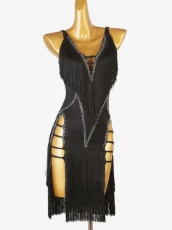 Latin Dance Costume Black Women's Rhinestones Fringe Backless Sexy Lycra Spandex Dress Dancing Costume