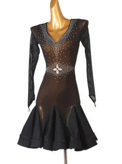 Latin Dance Costume Black Women's Polyester Dress Sexy Rhinestones Latin Dancer Dancing Costume