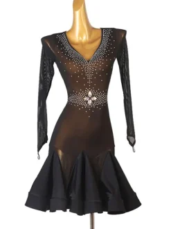 Latin Dance Costume Black Women's Polyester Dress Sexy Rhinestones Latin Dancer Dancing Costume
