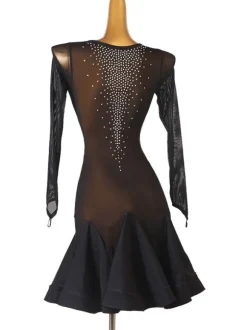 Latin Dance Costume Black Women's Polyester Dress Sexy Rhinestones Latin Dancer Dancing Costume