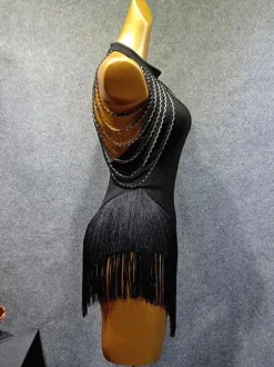 Latin Dance Costume Black Women's Fringe Ruffled Bodycon Sexy Polyester Dress Dancing Wear