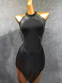 Latin Dance Costume Black Women's Fringe Ruffled Bodycon Sexy Polyester Dress Dancing Wear