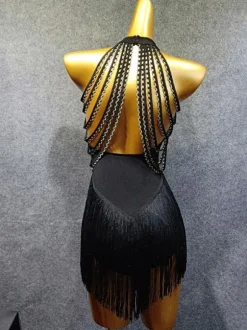 Latin Dance Costume Black Women's Fringe Ruffled Bodycon Sexy Polyester Dress Dancing Wear