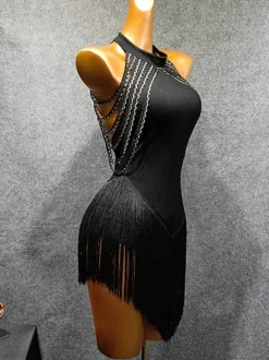 Latin Dance Costume Black Women's Fringe Ruffled Bodycon Sexy Polyester Dress Dancing Wear